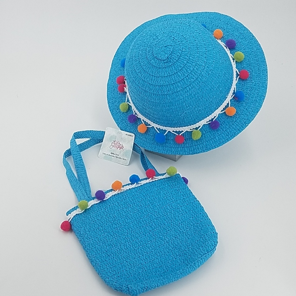 🆕Girls Sun Hat With Pom Pom Bag